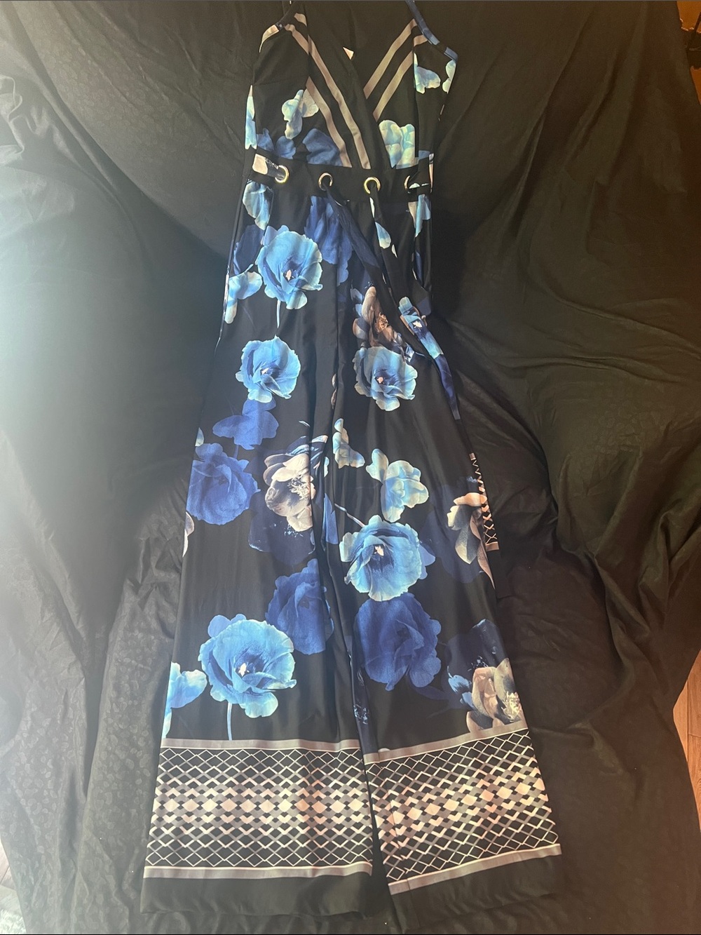 NWOT VENUS size S Black Jumpsuit with Blue Floral Print